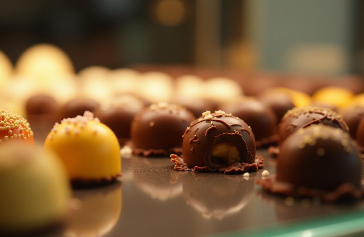 Nærbillede af chokoladedisken med et udvalg af praliner.